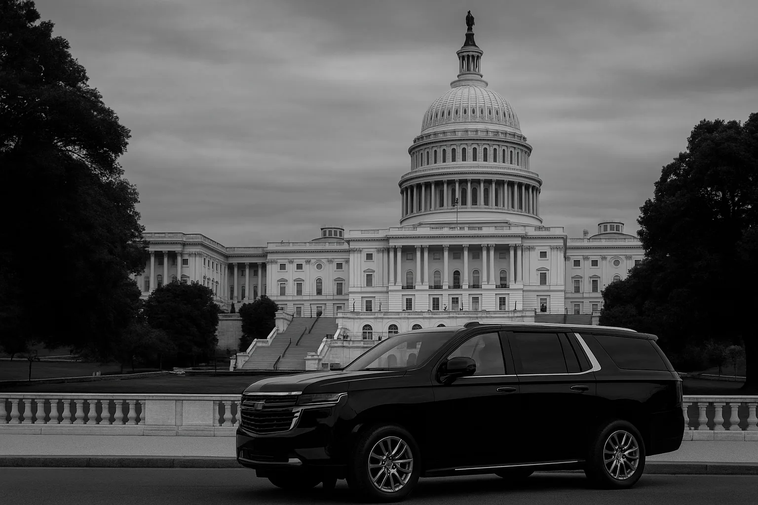 Professional chauffeur standing by a luxury vehicle
